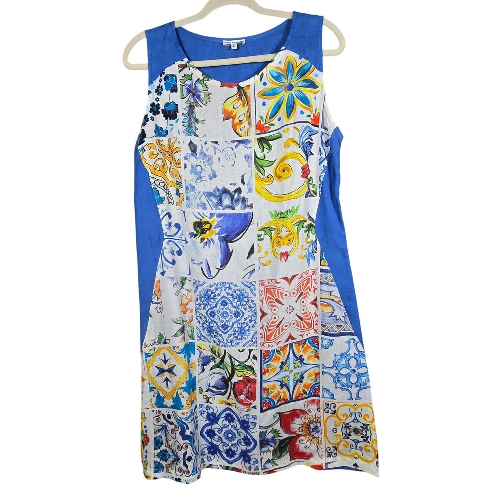 Mario Romano Linen Shift Dress Women Large Blue White Floral Print Made in Italy